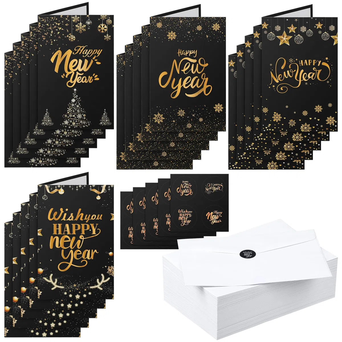 Resurhang 100 juegos de tarjetas de felicitación de Año Nuevo con sobres y calcomanías, papel de aluminio negro, tarjeta de notas en blanco para fiestas familiares, regalos de vacaciones, suministros