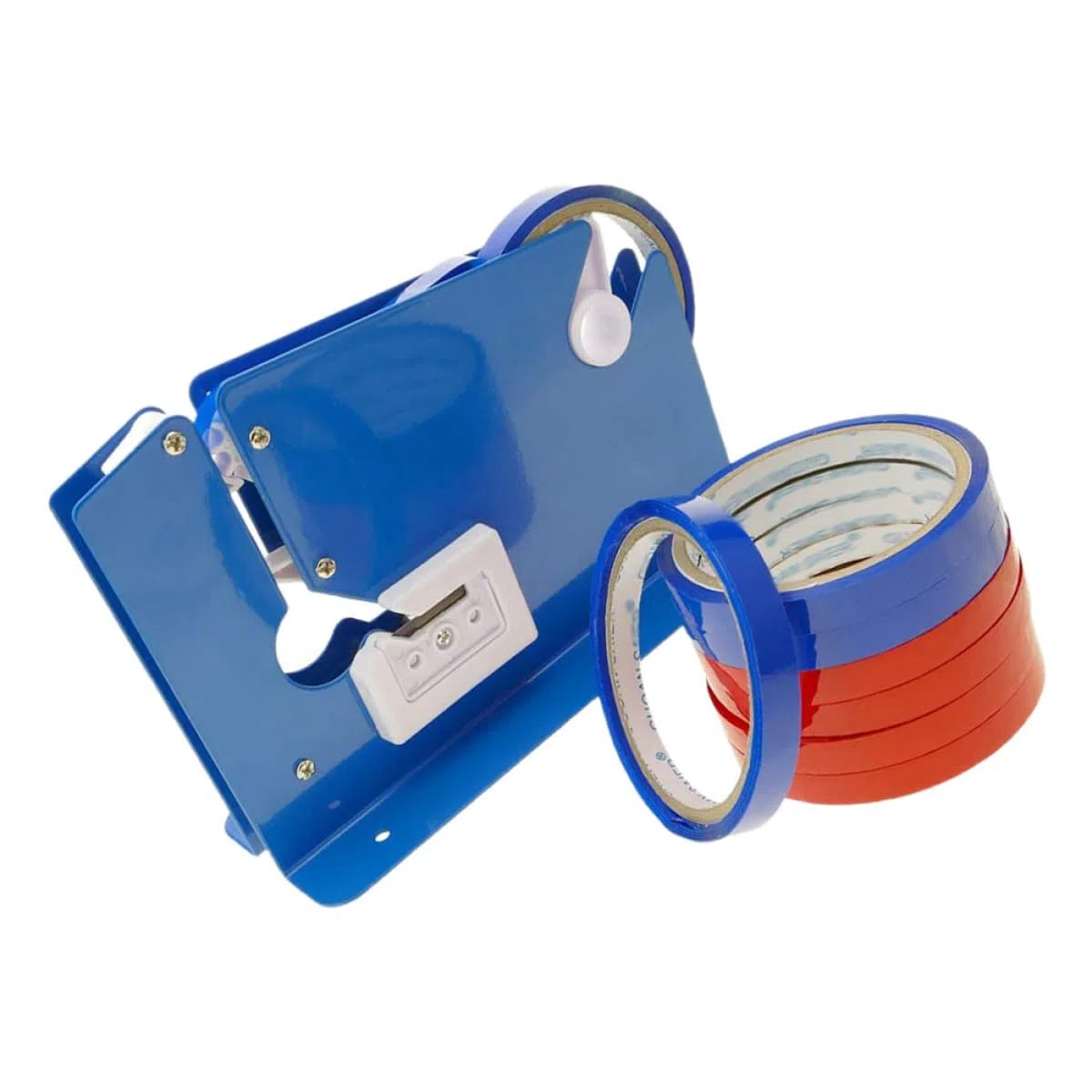 Gadpiparty Cortador de Cinta Adhesiva 12 Mm Dispensador Azul 8 Rollos de Cinta Adhesiva Roja y Azul para Sellado de Bolsas, Máquina Selladora Manual para Embalaje y Oficina