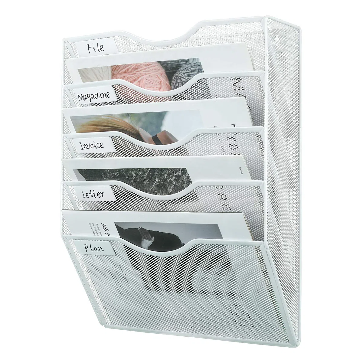 PAG Organizador de Archivos de Oficina Para Colgar en la Pared, Revistero Pared De Malla Con 5 Bolsillos , Organizador Pared Vertical Para Documentos de Oficina,Blanco