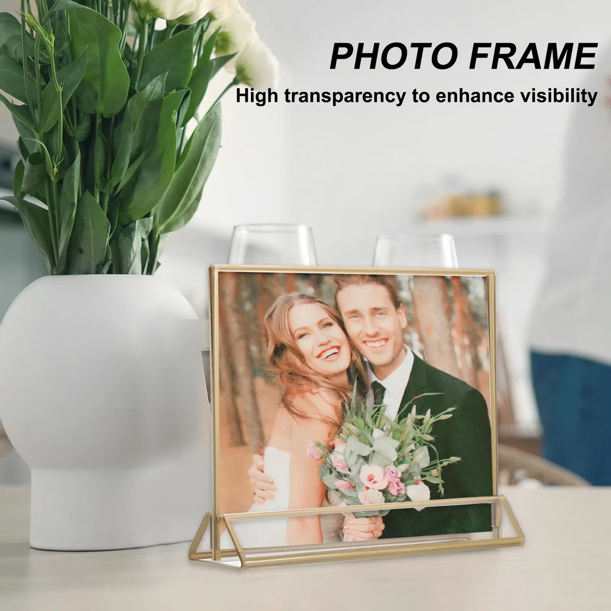 PATIKIL Soporte de acrílico transparente de 5 x 7 pulgadas, 8 paquetes de soportes de menú de mesa, bordes dorados, marcos de fotos de doble cara para recepción de boda, números de mesa, fiesta