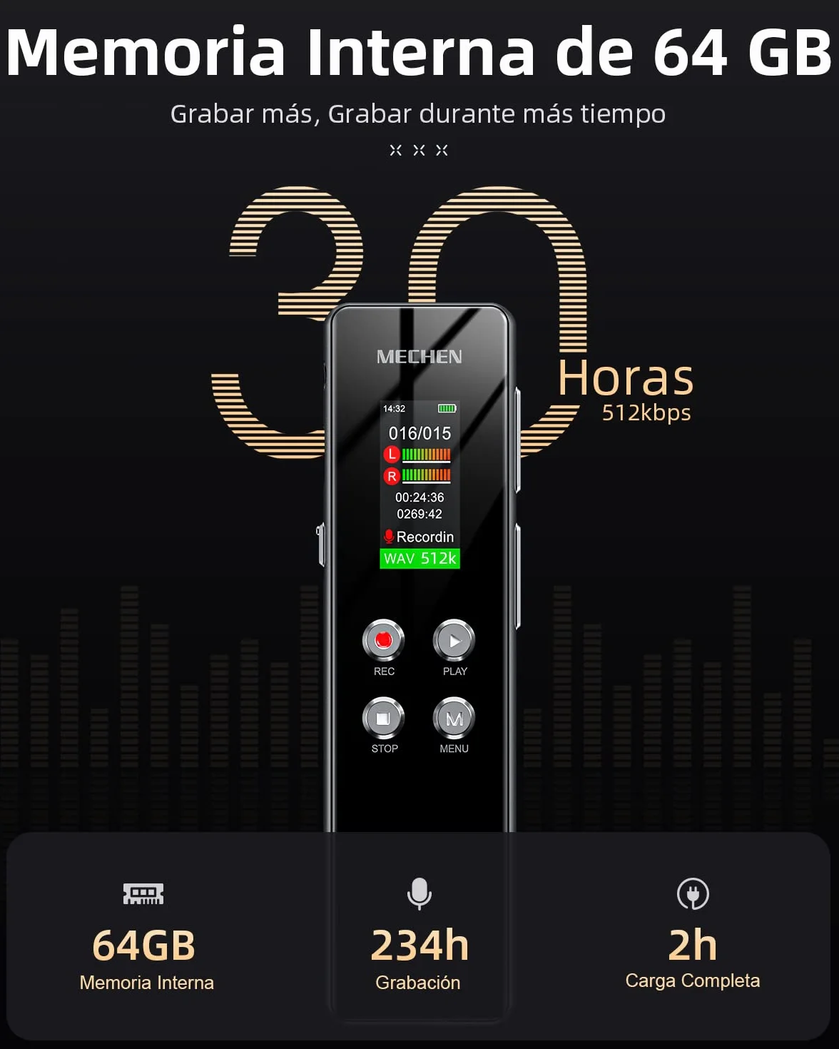MECHEN Grabadora de Voz 64GB HD Un Solo Clic 1536 kbps Reducción de Ruido Automática Reproductor MP3 Protección Contraseña Batería 300mAh