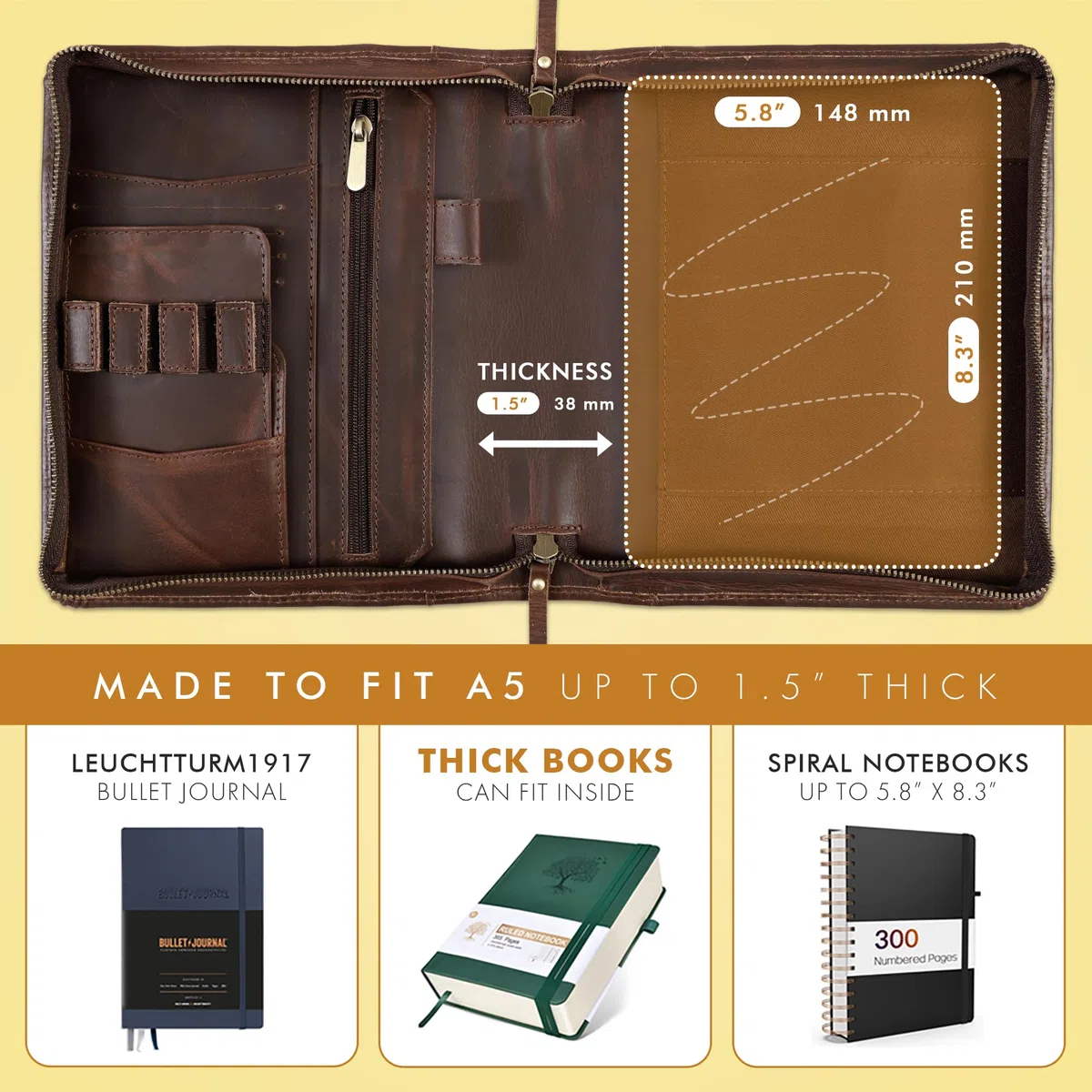 ELIZO Portafolio de cuero A5 para cuaderno A5, carpeta para planificador, carpeta pequeña para hombres, negocios, trabajo, organizador (Buff)