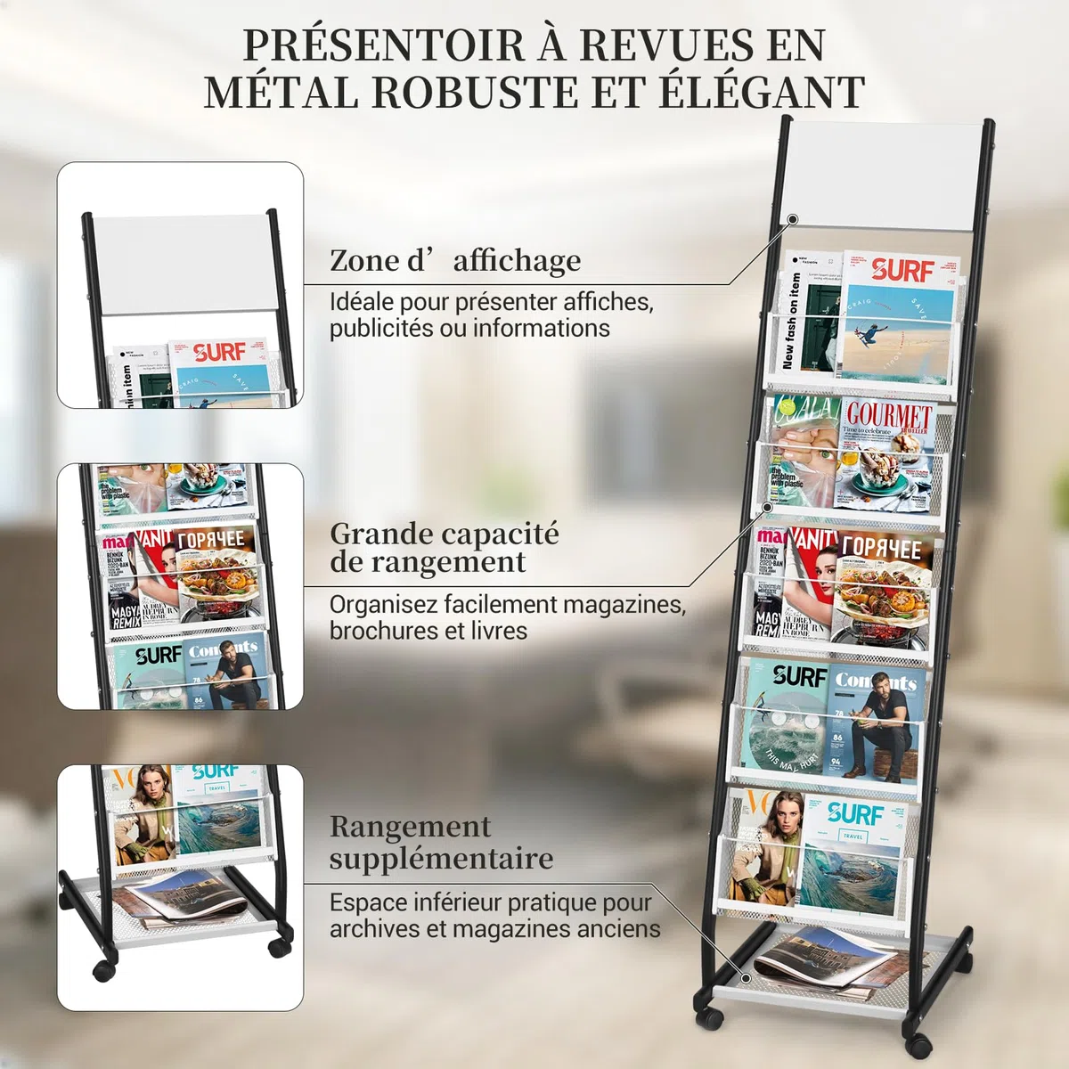 SUNDOY Revistero sobre ruedas de 5 niveles, exhibición de revistas y catálogos de pie, soporte móvil para oficina, ferias, hogar y hogar (5 capas, 32,5 cm de ancho)