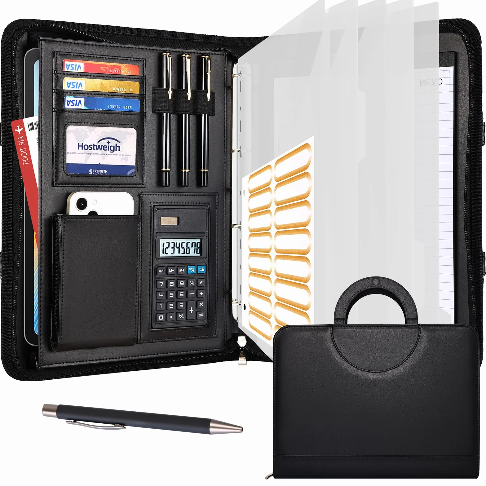 Leathario Carpeta Portadocumentos A4 en Piel Vegana, con Asa, Cuaderno, Portadocumentos con Bloc de Notas y Encuadernación de Anillas, Protectores de Hojas para Entrevistas, Viajes, Reuniones