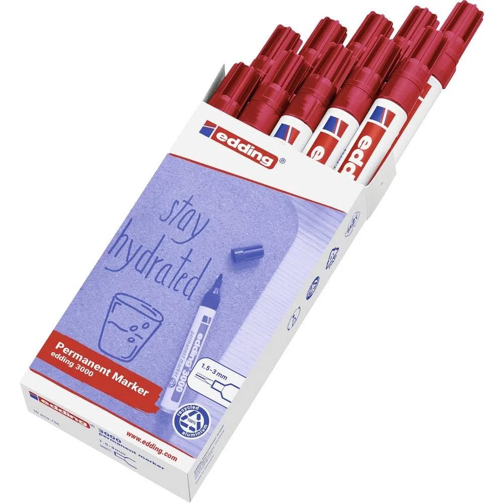 edding 3000 marcador permanente - rojo - 10 rotuladores - punta redonda 1,5-3 mm - indeleble de secado rápido - resistente al agua y a los borrones - cartón, plástico, madera, metal, tela - universal