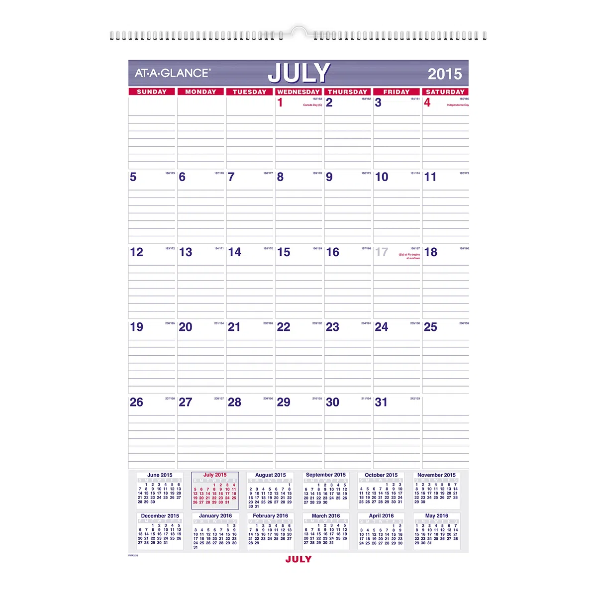 AT-A-GLANCE calendario de pared mensual, QuickNotes diseño, año académico, 12 Meses, de Julio 2015 – Junio 2016, 12 x 17 cm tamaño de página (pm53 – 28)