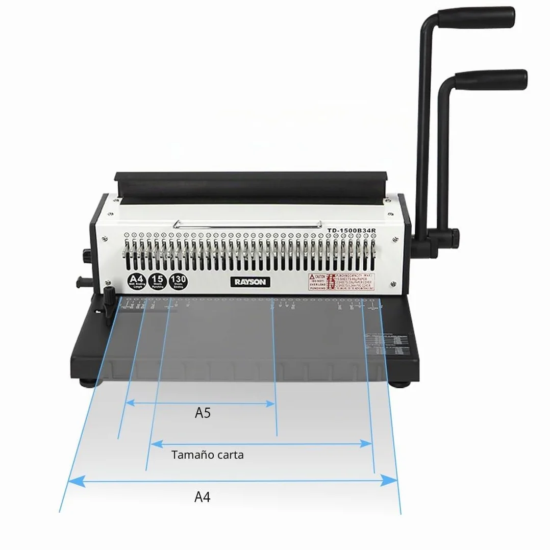 RAYSON TD-1500B34R Encuadernadora metálica de anillas, construcción metálica resistente, capacidad de encuadernación de 130 hojas/15 hojas, separación 3:1, A4, 34 agujeros