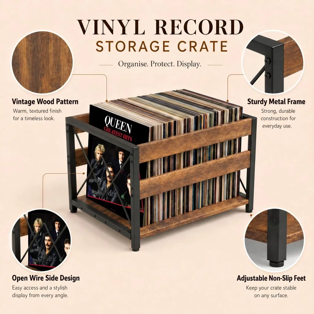 HFHOME Caja de almacenamiento de discos de vinilo, caja de almacenamiento de madera, organizador de estantes de CD de cubo clásico, capacidad para hasta 100 registros, revistero para escritorio, hogar