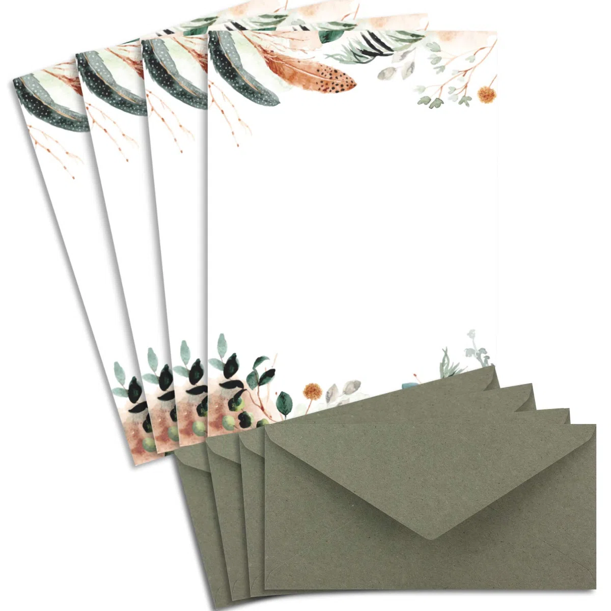 200 juegos de cartas DIN A4 - papel natural en popurrí natural crema con plumas y ramas - con sobres DIN largo en papel kraft gris / verde papelería imprimible ideal para invitaciones de boda