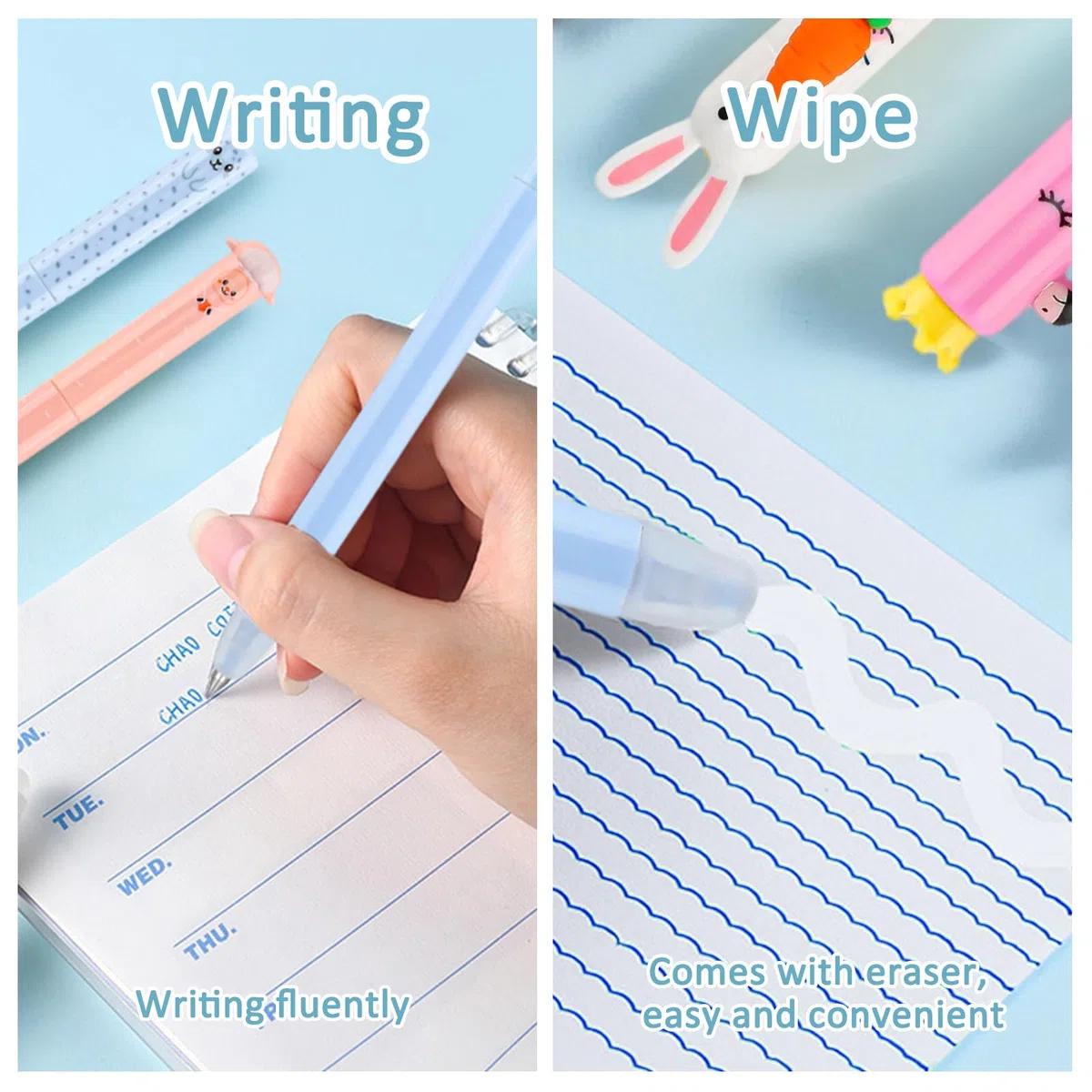 9 bolígrafos de gel borrables con punta de borrador de 0,7 mm, tinta azul, bonitos bolígrafos de gel de escritura suave, reescribibles, juego de bolígrafos de tinta térmica para escuela
