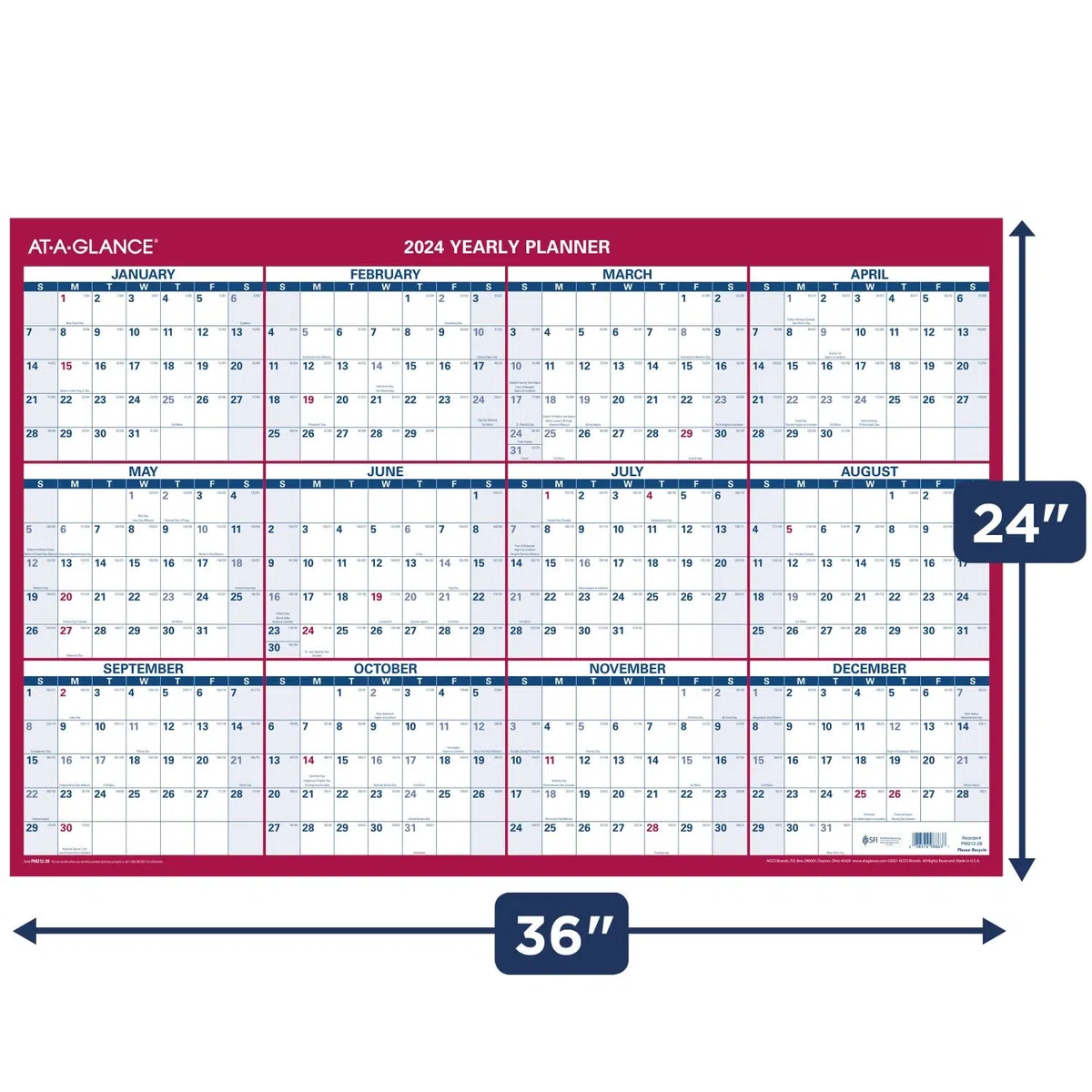 AT-A-GLANCE Calendario de pared de papel 2024, 24 x 36 pulgadas, extragrande, anual, reversible, vertical/horizontal (PM2122824)