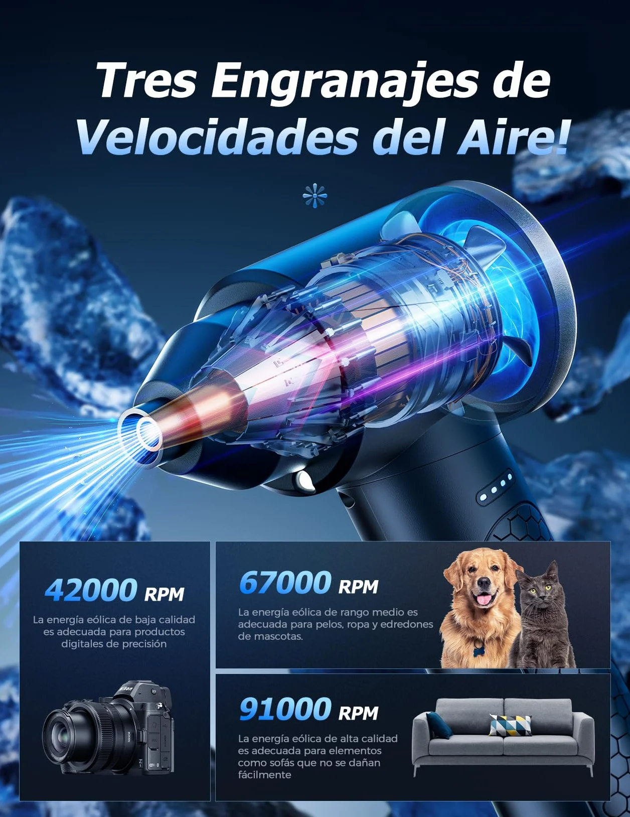 100,000 RPM Potente Soplador de Aire con Luz LED, Aire Comprimido Limpieza PC de 9000mAh, Soplador de Aire Para PC, Air Duster de 3 Velocidades, Plumero Electrico para Ordenador, Coche, Oficina, Sofá