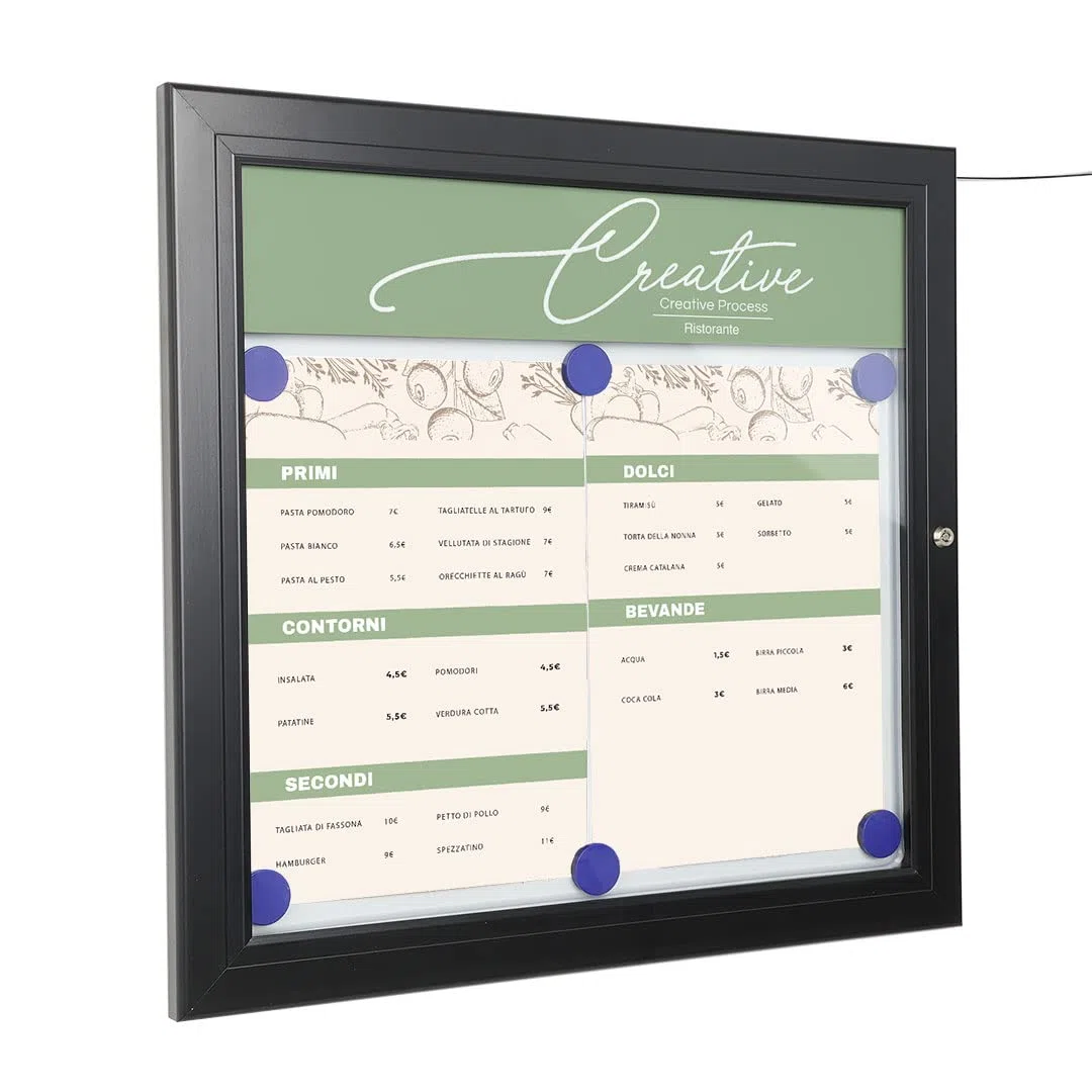 Danieli Store - Tablón de Anuncios Exterior Negro para Menús - Tablón con Cerradura y Par de Llaves - Fácil Montaje en Pared - Superficie de Acero Magnético y Escribible (2x A4 LED)