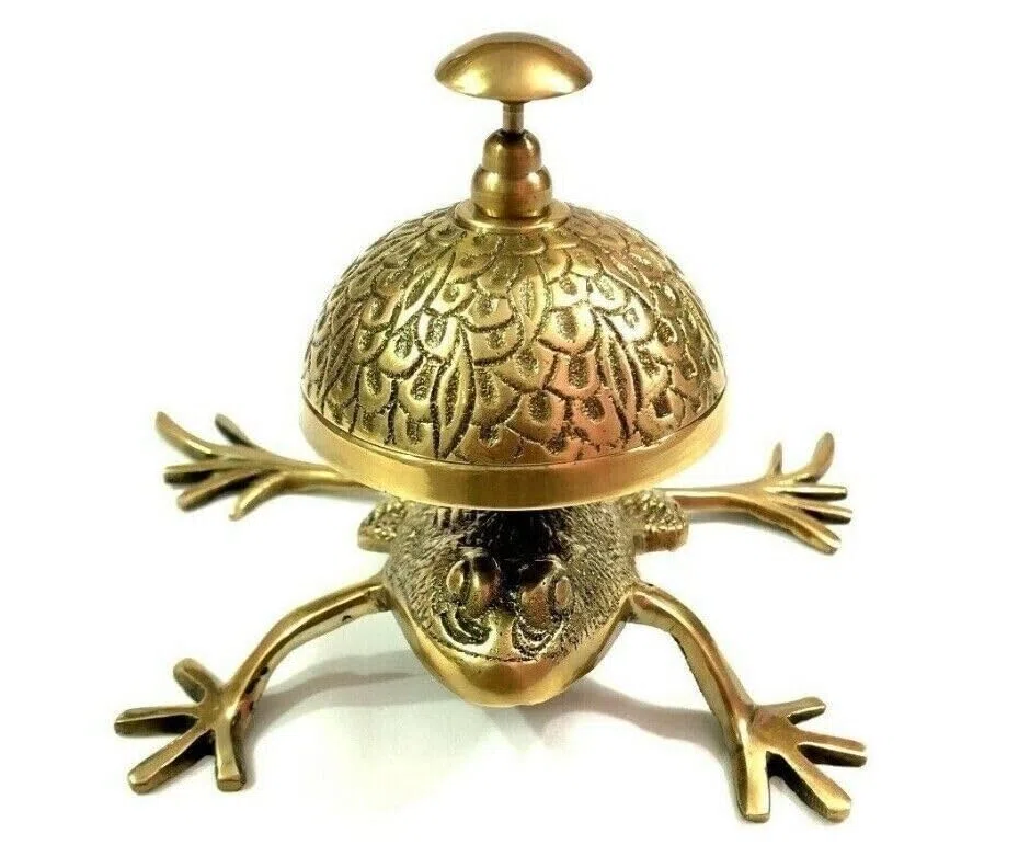 Campana de latón adornada con diseño de rana vintage para mostrador de hotel, recepción