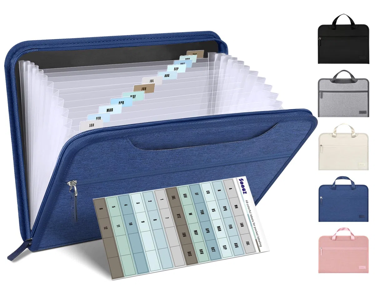 Sooez Organizador de archivos de acordeón resistente con asa, carpeta de archivos expandible de 13 bolsillos, organizador de documentos importante para facturas de papel, recibos de impuestos,