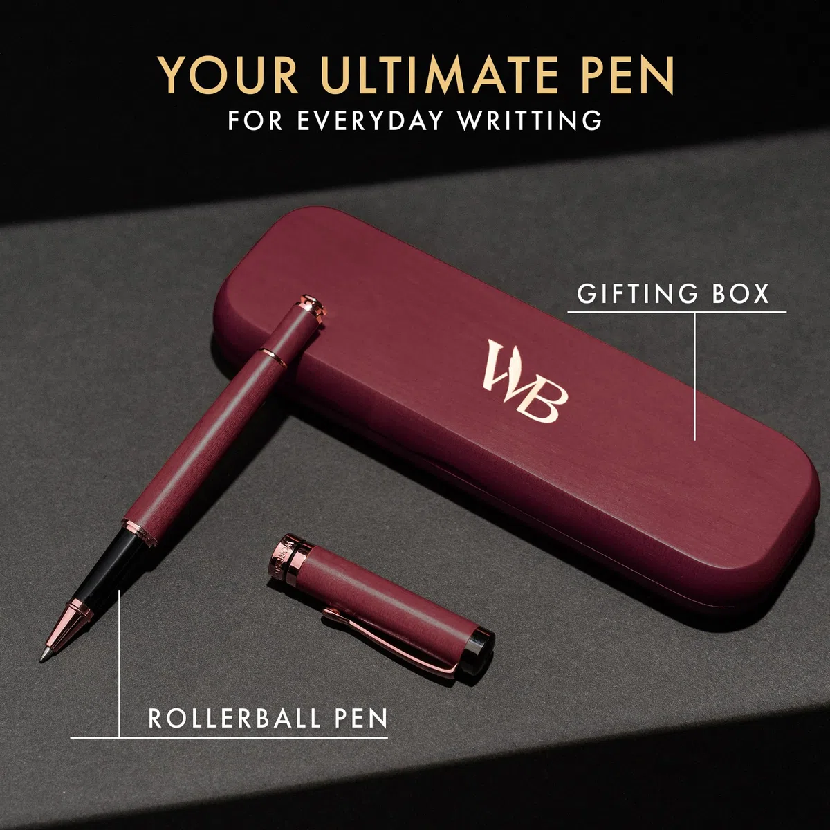 Wordsworth and Black Rollerball Pen - Bolígrafo de lujo impresionante en bambú madera violeta, acabado en oro, recargable, mejor regalo para hombres y mujeres, recarga de tinta