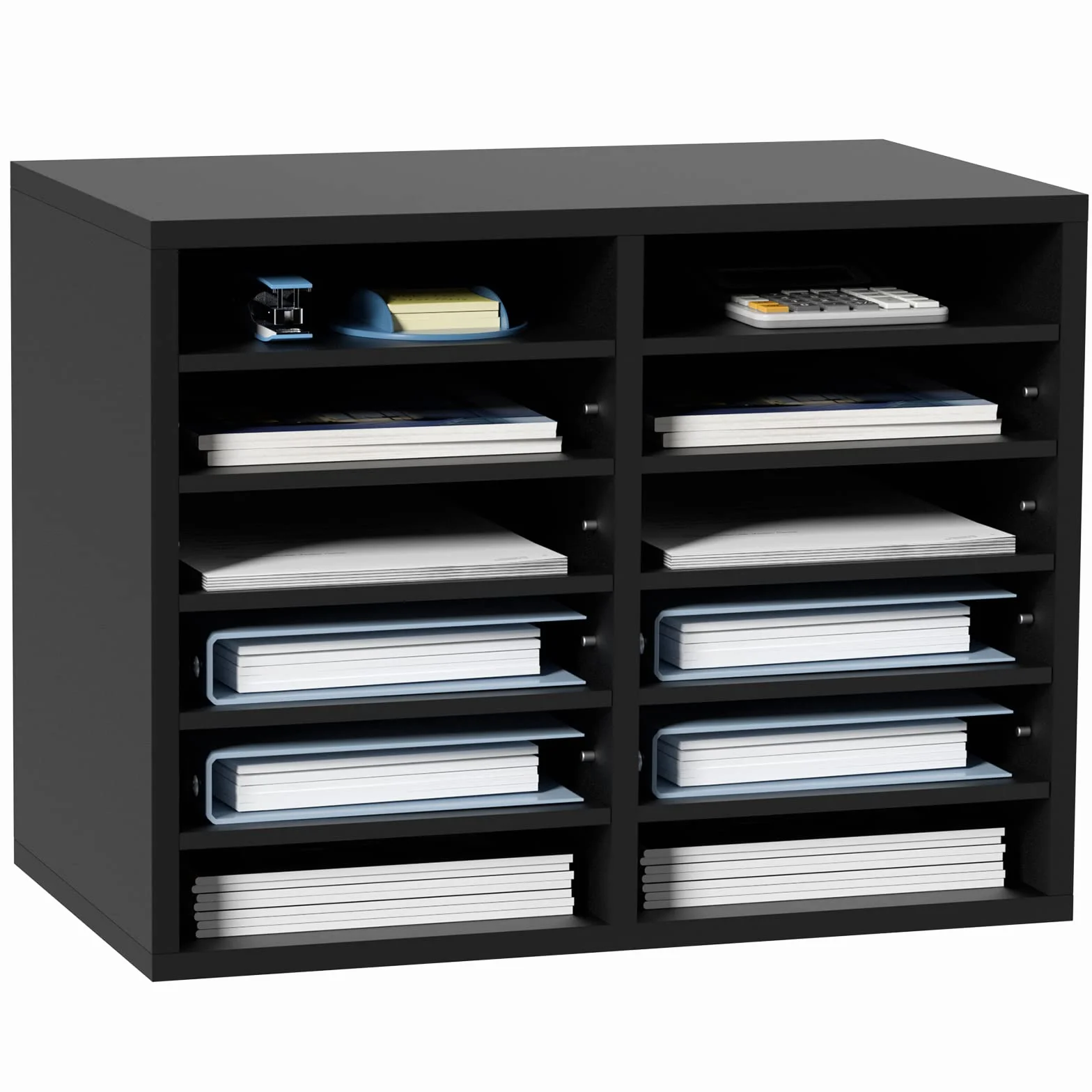 VEVOR Organizador de Literatura de madera Aglomerado Estante de Almacenamiento de Documentos de 12 Compartimentos 52x30,5x41 cm Clasificador de Literatura con Estantes Ajustables para Oficina, Negro