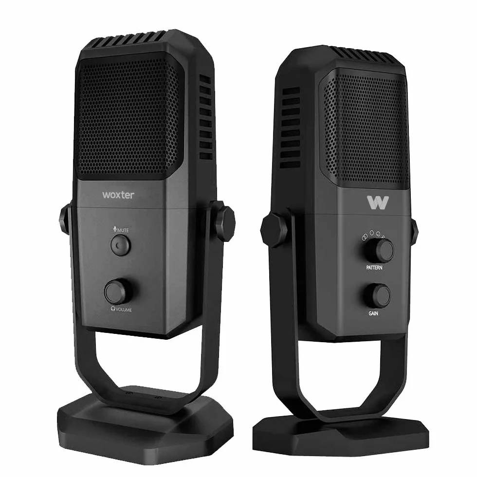 Woxter Mic Studio 100 Pro - Micrófono Profesional de Condensador (cardioide y omnidireccional, 3.5mm, tecnología vertigain, Compatible con Youtube, Skype, Twitch), Color Negro