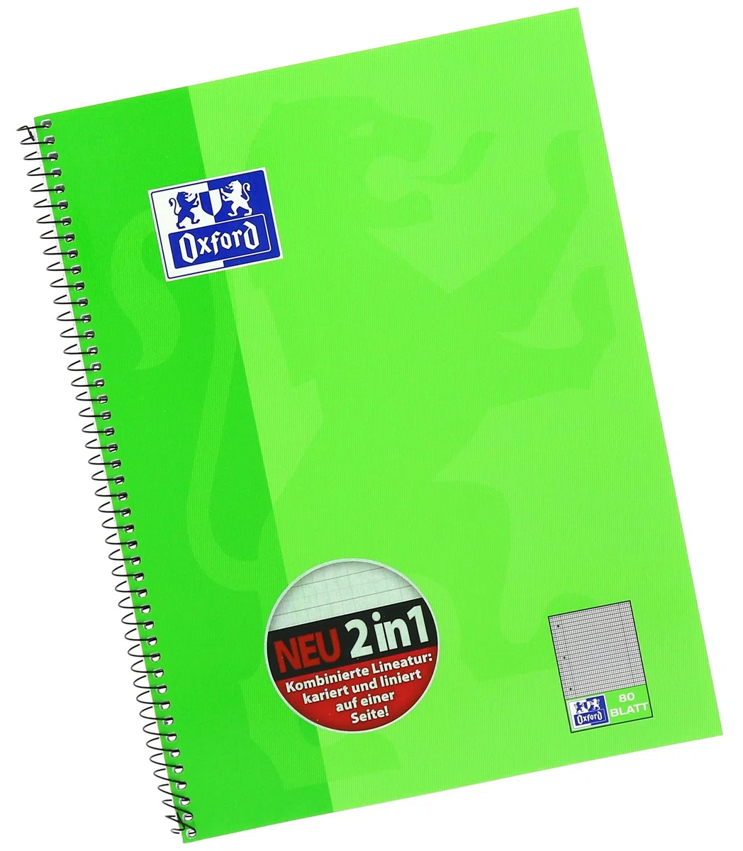 Oxford KarLi 100050362 - Cuaderno de espiral (10 unidades, cuadriculado con rayas, 80 hojas, A4+, 90 g/m²), color verde