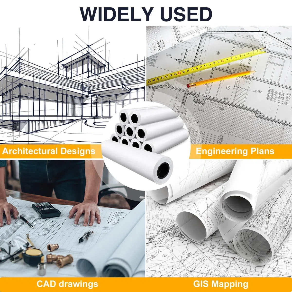 VOISEN Papel de formato ancho, 2 rollos de papel para plóter de 24 pulgadas x 150 pies, rollos de papel CAD, 20 libras, 24 rollos de papel en núcleo de 2 pulgadas para impresión CAD en impresoras de