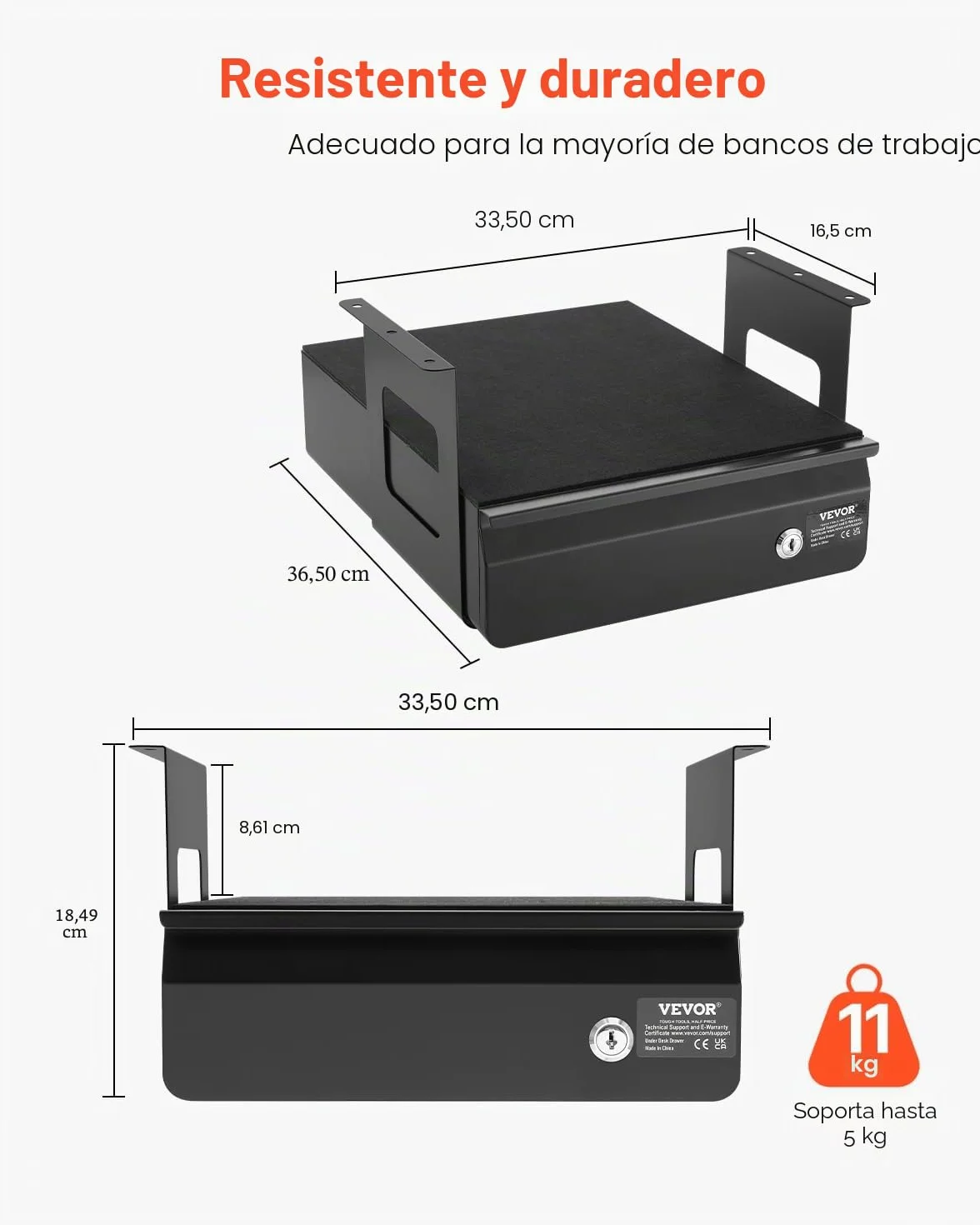 VEVOR Cajón Deslizable Debajo del Escritorio con Cerradura, Organizador de Almacenamiento Oculto, 365 x 335 x 185 mm