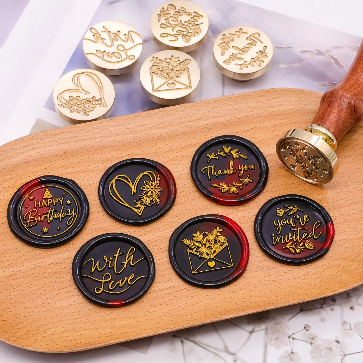SWANGSA Blessing - Juego de sellos de cera para regalo, 6 cabezales de sello de sellado vintage + 1 mango de madera, kit de sellos de cera para invitaciones de fiesta, sobres, tarjetas y embalaje de