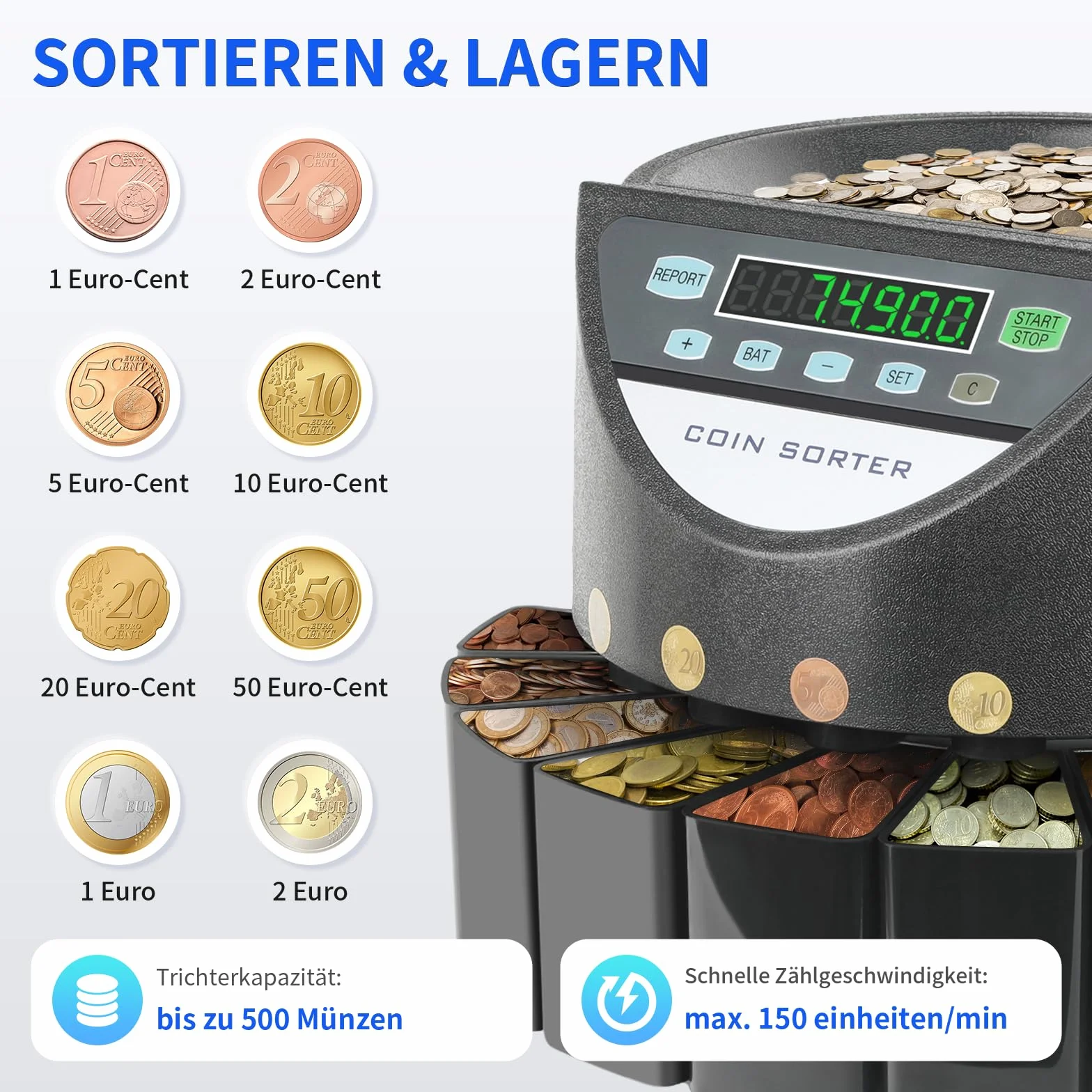 Máquina Contadora de Monedas Clasificador Euro Contador de Dinero