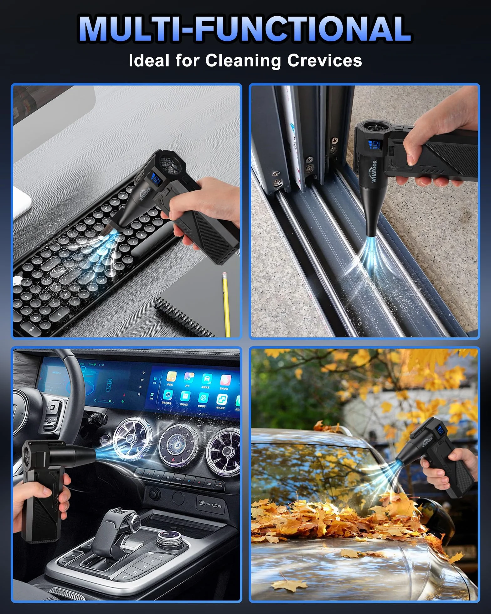 WHATOOK Soplador de Polvo Eléctrico：Plumero de Aire Comprimido 250000RPM 3 Velocidades，Con pantalla LED, Soplador Aire Comprimido para Ordenador, Coche, Oficina,Sofá (828 Air Duster)
