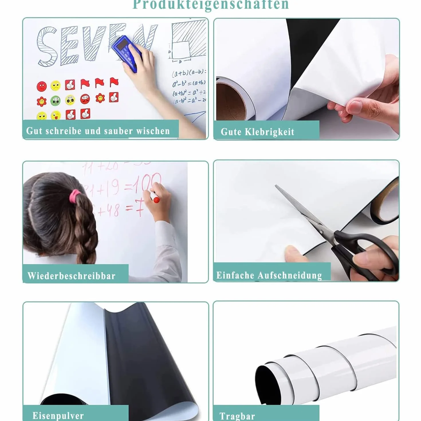 Rollo Pizarra Blanca Magnética, 200x100cm Papel Pizarra Adhesiva Pared, incluye Rotuladores y Borrador Magnetica, Para Escribir en Superficies Lisas en la Escuelas, Oficinas