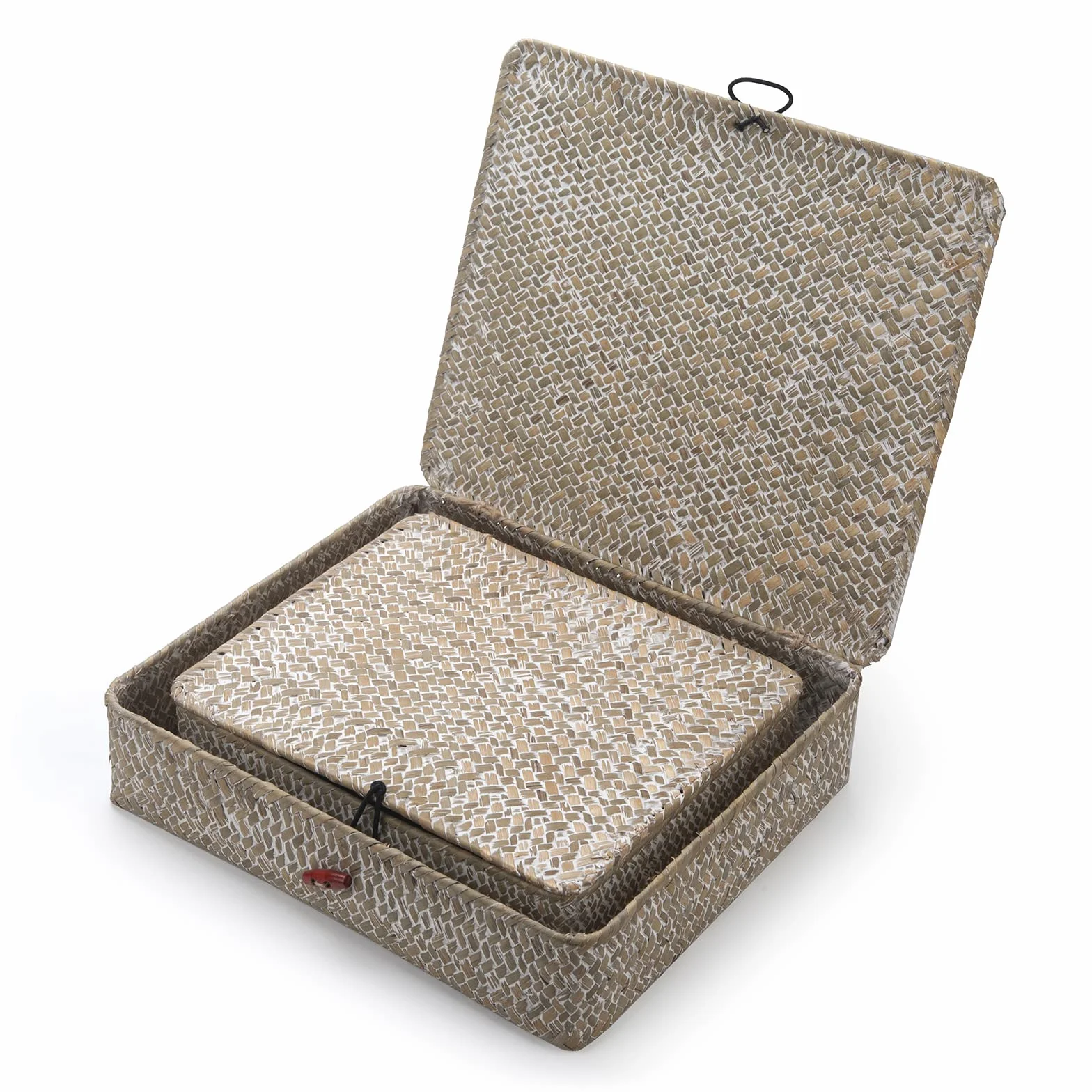 Cesta Almacenamiento con Tapa Seagrass Ratán Cestas de Mimbre Rectangular 2 Piezas (Grande + Pequeño)