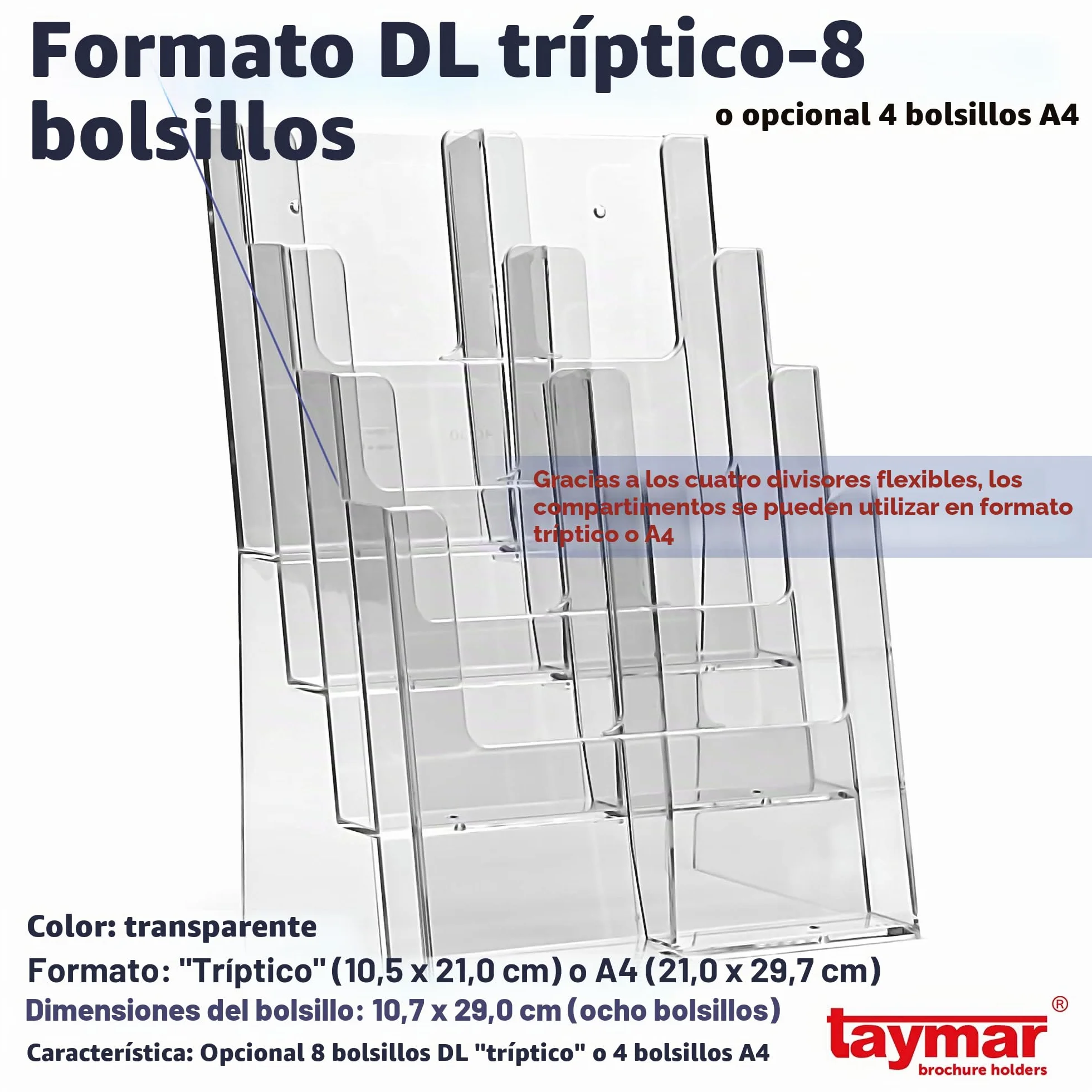 Sugerencias Taymar Soporte de mesa para folletos en formato A4, DL, 4 niveles, transparente, 8 compartimentos