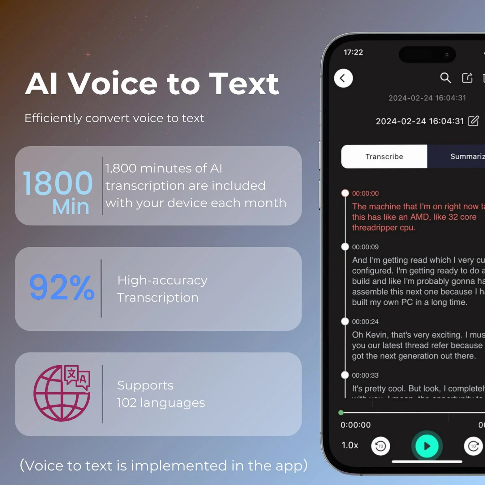 64GB Grabadora de Voz IA, Portátil con Activación por Voz, Transcribe y Resume, Soporta 102 Idiomas, Reducción de Ruido, Reproductor MP3