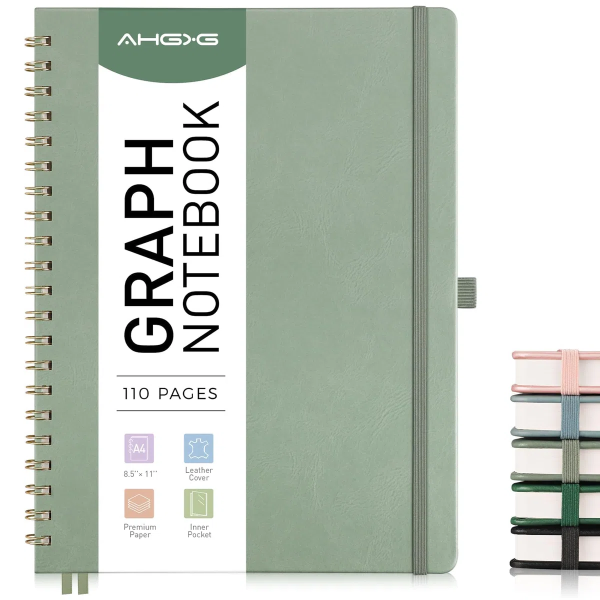 AHGXG Cuaderno de papel cuadriculado, cuaderno en espiral de 8.5 x 11 pulgadas, cuaderno de cuadrícula grande de cuero de tapa dura A4, papel gráfico grueso de 100 g/m², diarios para escritura