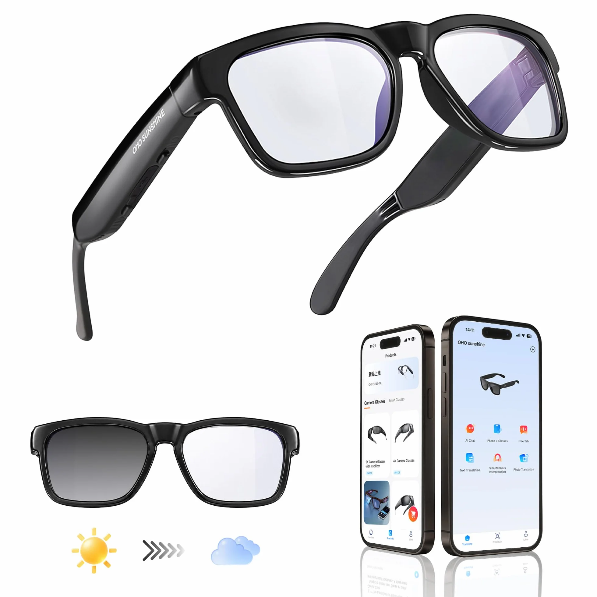 OhO sunshine Gafas inteligentes de traducción de IA con altavoz Bluetooth con marco negro brillante y lente fotocromática para exteriores e interiores