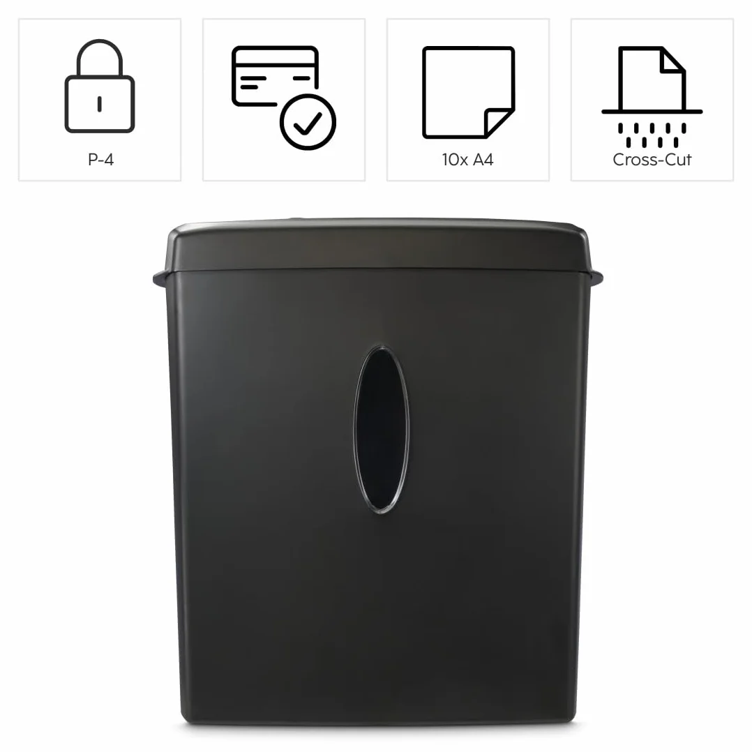 Hama | Destructora de Papel Corte Transversal 10 Hojas DIN A4 P4 (Trituradora de Documentos GDPR para CD DVD Tarjetas, E-3, P-4, T-4, antiatasco automático, 15 L) Negro