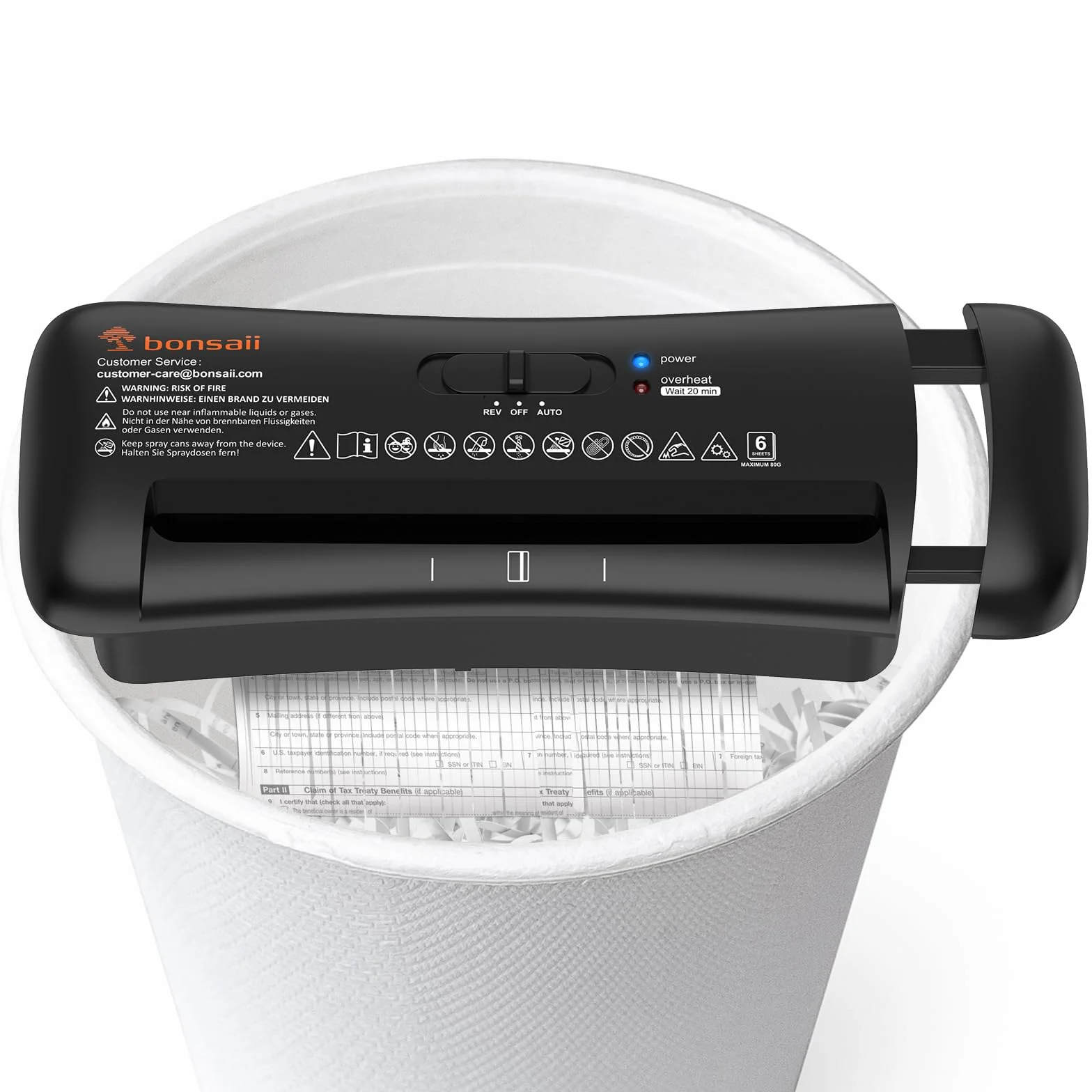 Bonsaii Trituradora de Papel, Corte en Tiras de 6 mm, hasta 6 Hojas, Compatible con Papeleras de 28-42 cm, Destruye Papel y Tarjetas de Crédito, Protección contra Sobrecalentamiento, Compacta S119-A