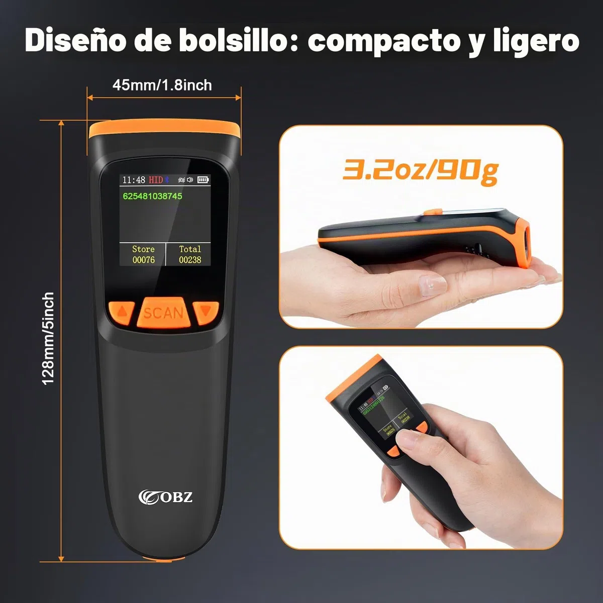 OBZ Lector Código de Barras Inalámbrico 2D 1D con Pantalla LCD, QR Escáner Bluetooth 3 en 1 (USB+2.4G) Portátil Pistola para Inventario Almacén Logística, Compatible con iOS Android Windows