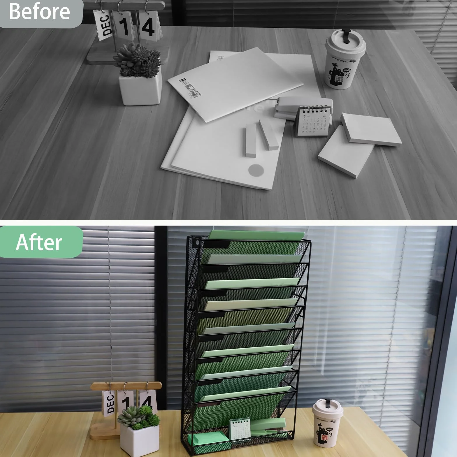 Organizador de archivo de pared de malla de 9 niveles con bandeja plana inferior, vertical de malla media, para colgar en la oficina, revistero, juego