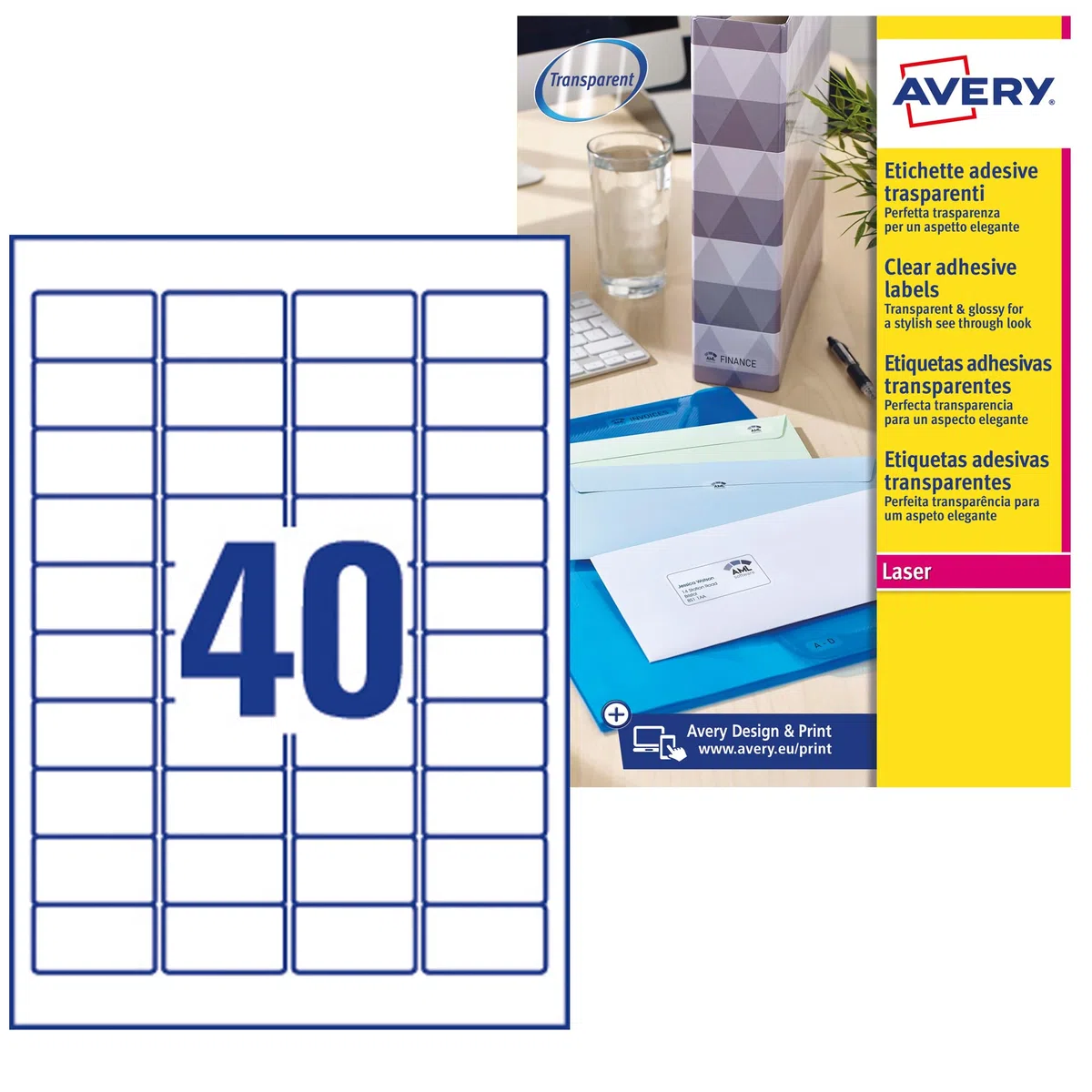 Avery España L7781-25 - Pack de 25 folios de etiquetas brillantes, 45.7 x 25.4 mm, Transparentes