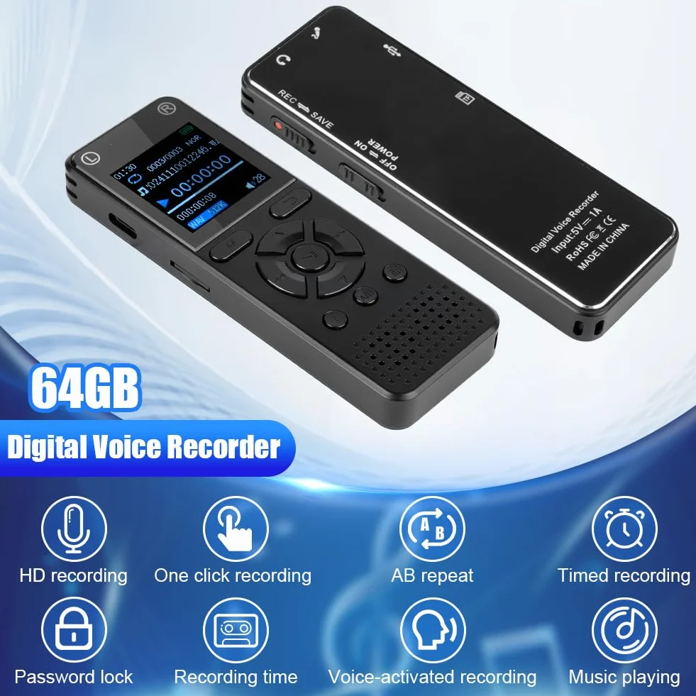 OFFCUP 64GB Grabadora de Voz, 1536kbps Dictáfono Digital con Contraseña, Carga USB Grabadora de Audio Grabación Continua de 60h, Grabadora de Voz Portátil con MP3 para Conferencia Clases Entrevistas