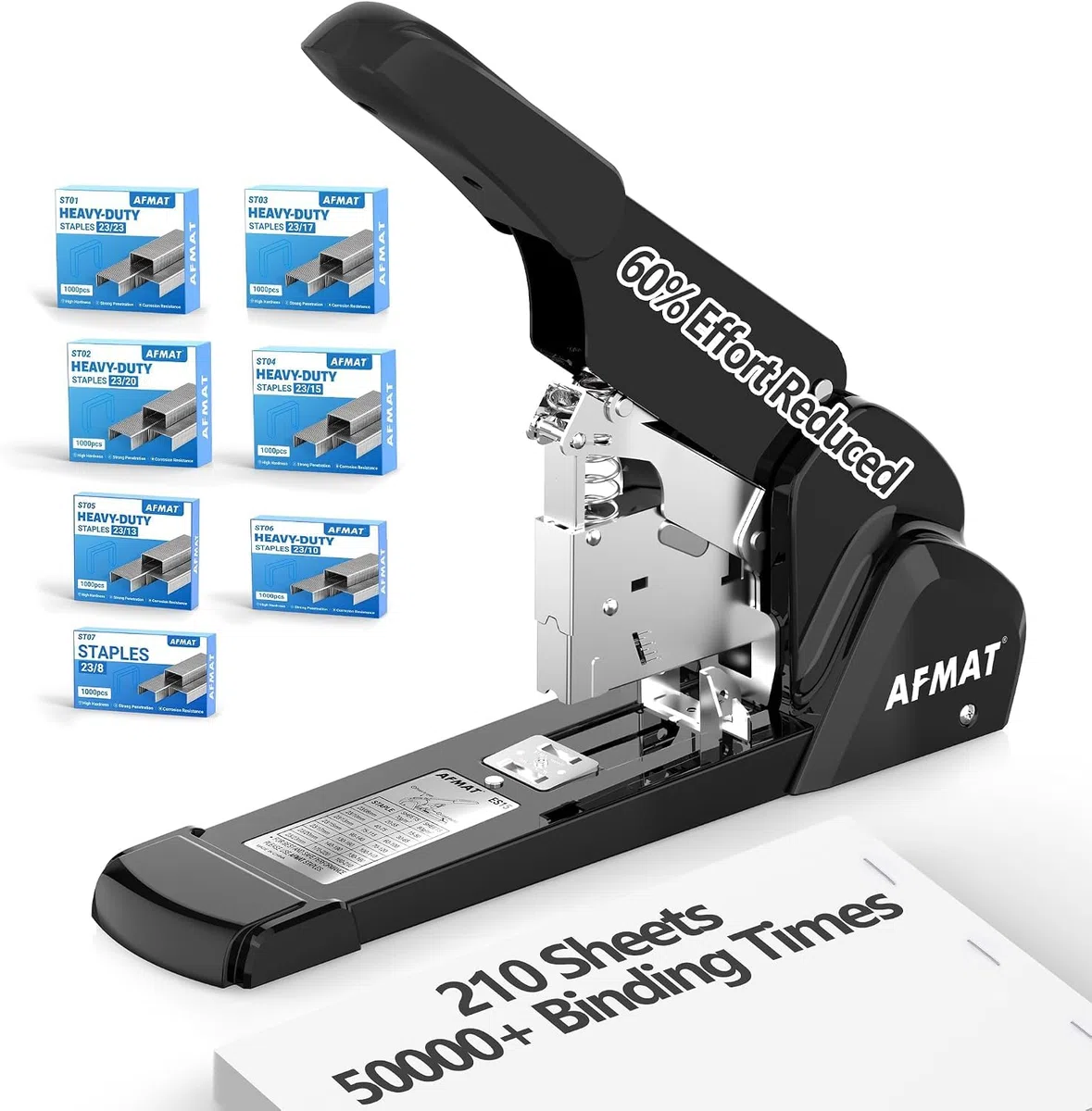 AFMAT Grapadora resistente, capacidad de 210 hojas, 60% menos esfuerzo, sin atascos, incluye 7.000 grapas, grapadora de escritorio de oficina de metal con profundidad de garganta ajustable para