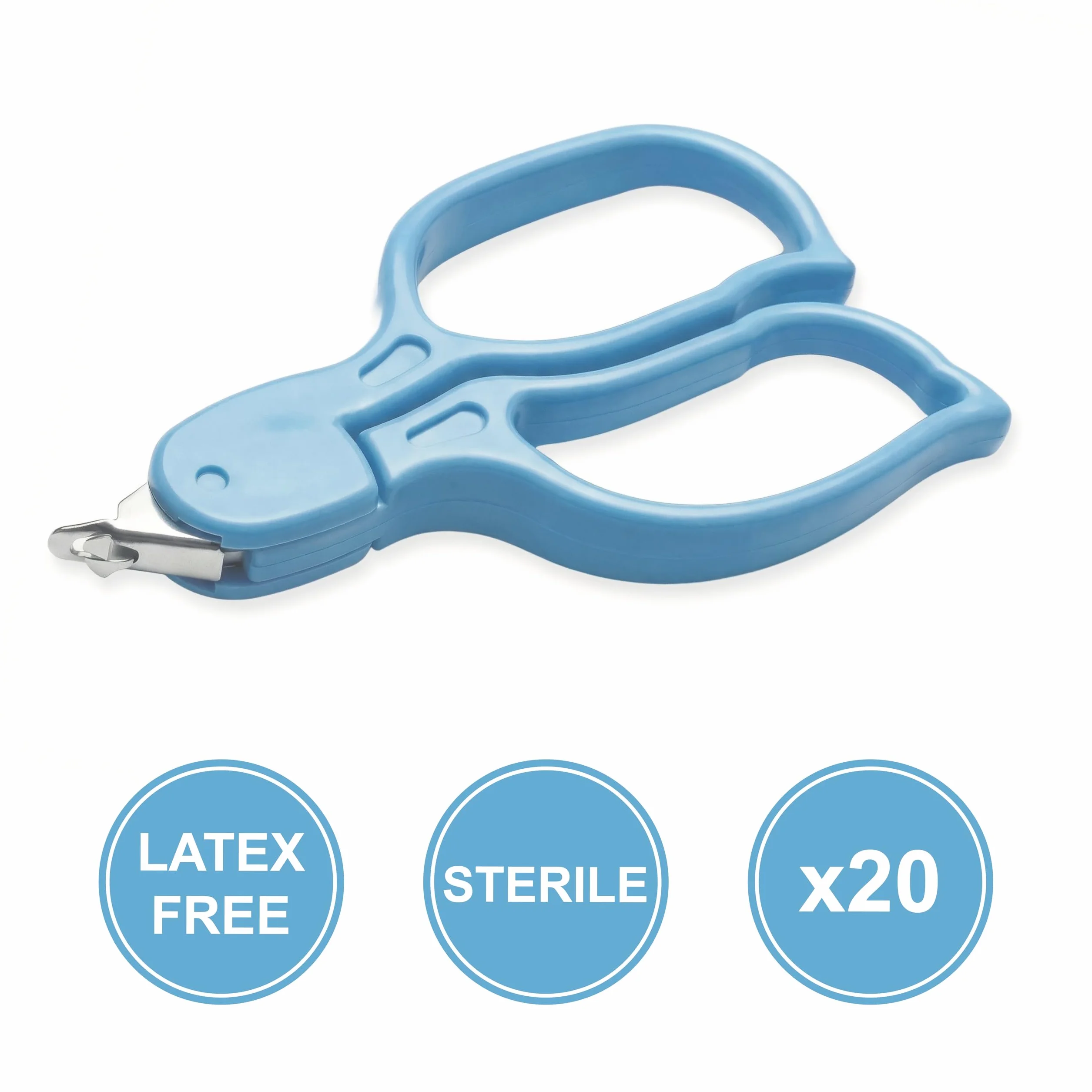 KMINA Quitagrapas (20 Unidades) Azul Estéril Desechable con Apertura Fácil Diseño Ergonómico Acero Inoxidable y ABS Sin Látex Envase Individual 97 x 5,4 mm