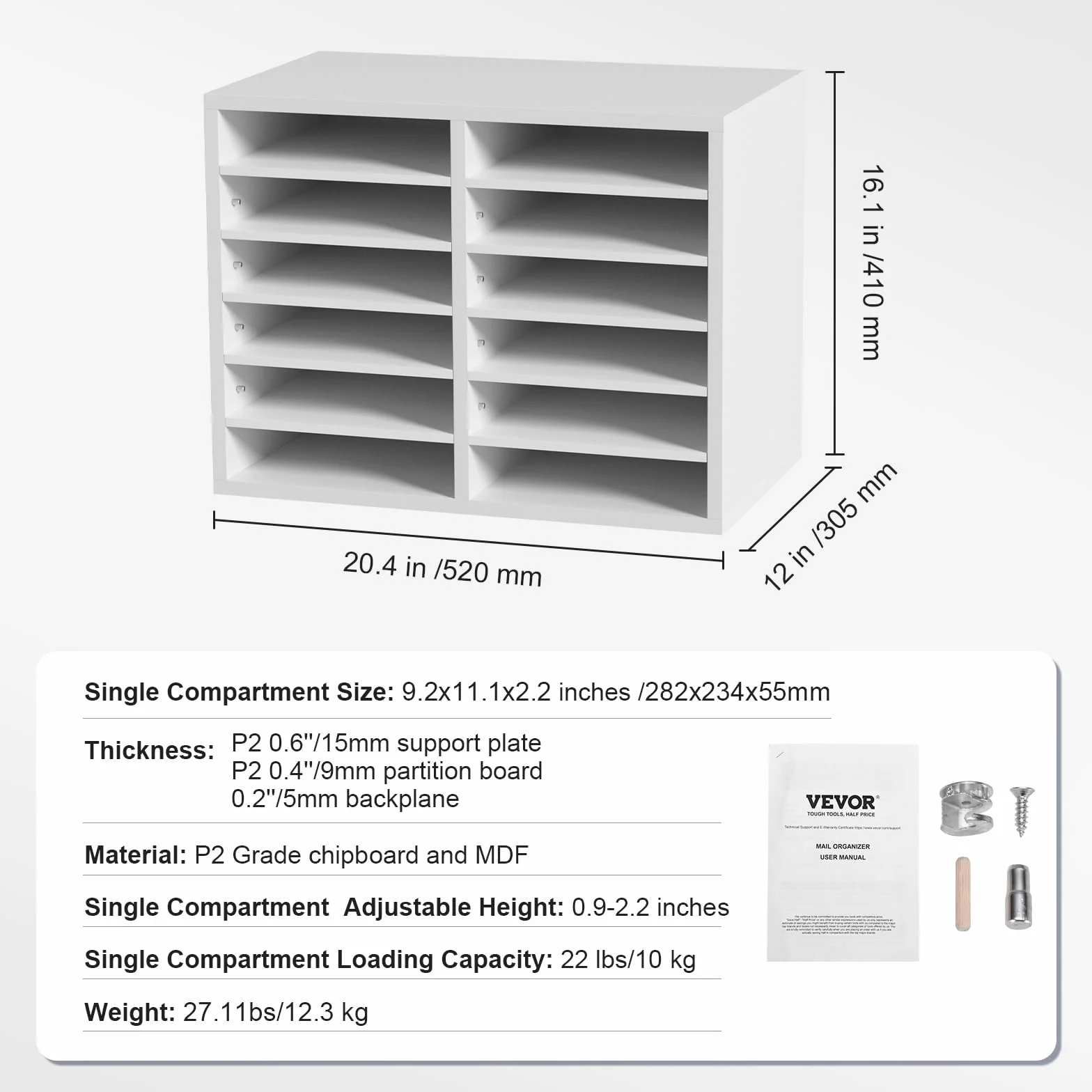 VEVOR Organizador de Literatura 12 Compartimentos 52x30,5x41 cm Estante de Almacenamiento de Documentos Blanco