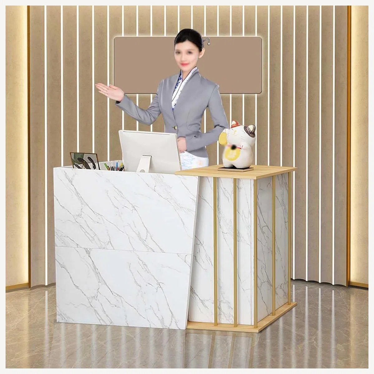 Mostrador de Recepción con 4 Espacios de Almacenamiento, Mostrador Moderno para Vestíbulo, Oficina, Salón o Tienda, Escritorio de Recepción Compacto y Funcional