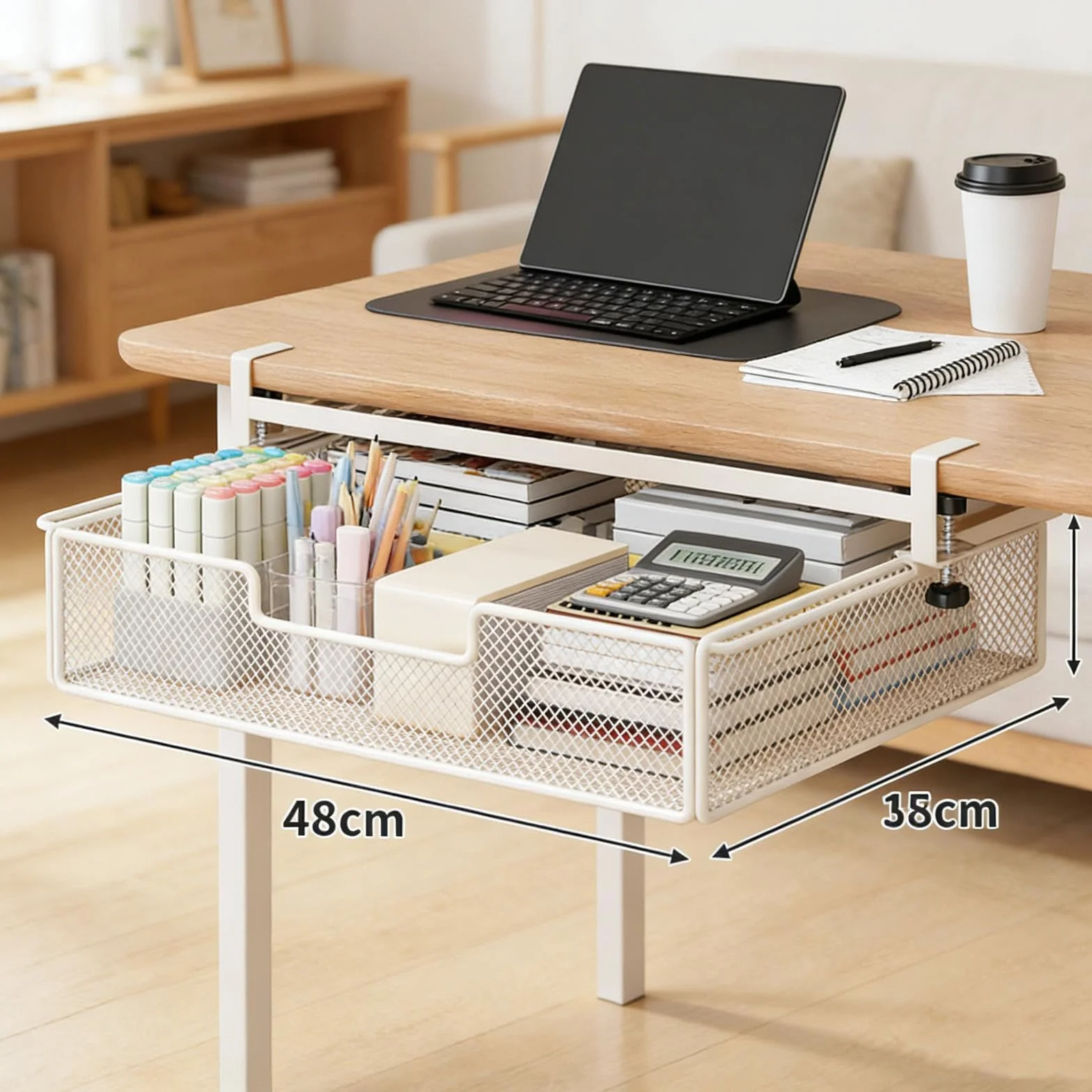 Cajón Bajo Mesa Organizador Estante Colgante Metálico Diseño Deslizante Capacidad Ampliada Adecuado para Oficina Cocina Habitación Armario Despensa Es, White L