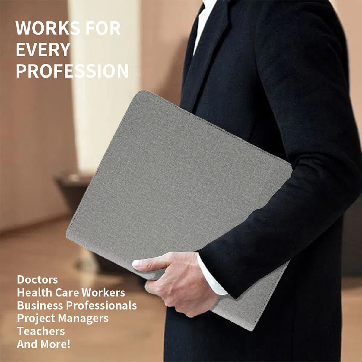 Portafolio de cuero con [cremallera] [asa] [carpeta de 4 anillos] y [portapapeles), organizador de conferencias de negocios para mujeres/hombres (Gris claro, Without Calculator)