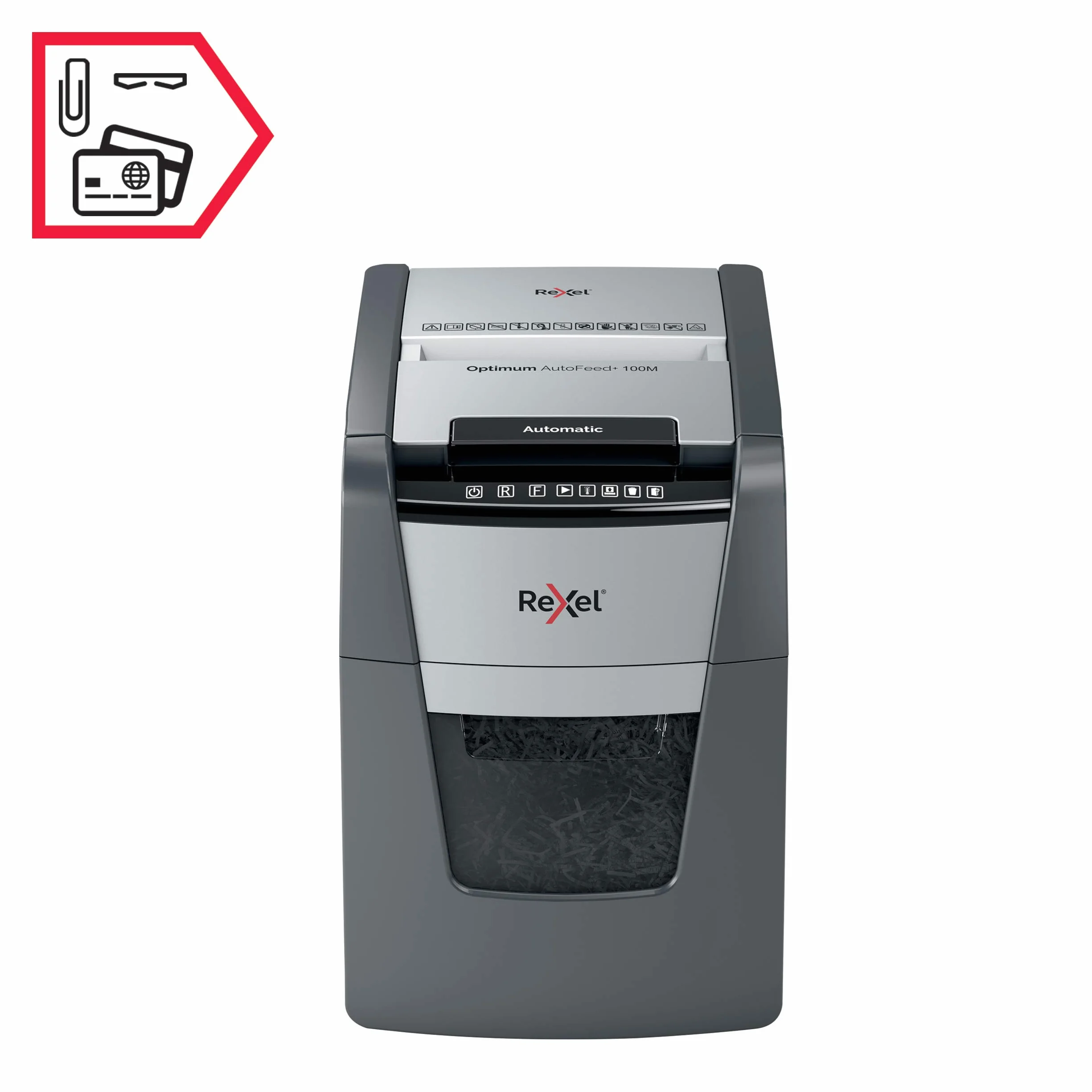 Rexel 2020100MEU - Destructora de Papel Automática Optimum AutoFeed 100M, Microcorte P-5 (2x15 mm), 100 Hojas A4, Papelera Extraíble 34L, Destruye Grapas y Clips, Oficina