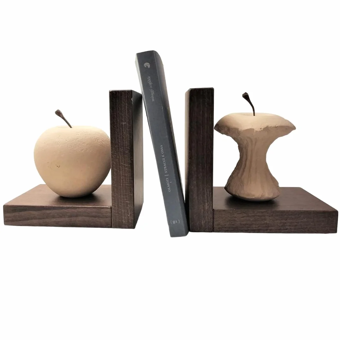 Progetto Arte Par de Sujetalibros Manzana Mordida Escultura de Piedra Base Madera Hecho a Mano