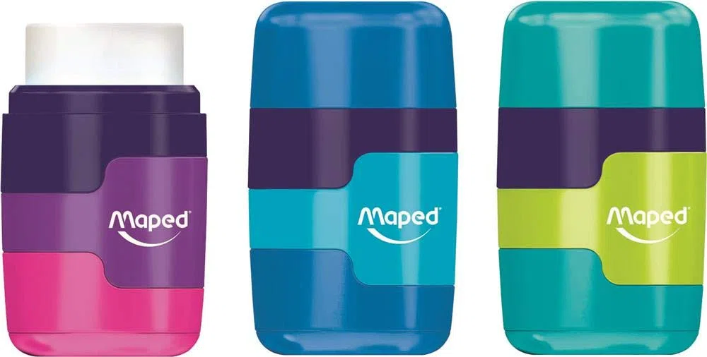MAPED - Material Escolar - DUO Sacapuntas + Goma Connect - 2 Orificios para Afilar - Sacapuntas con Goma de Borrar - Compartimento para Virutas - 3 Diseños Combinados