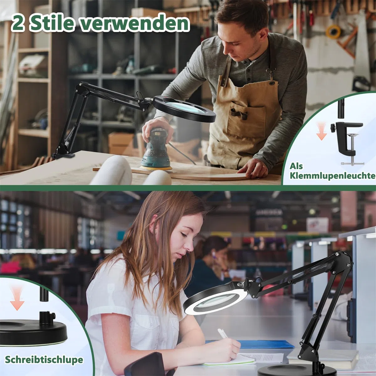 Lupa de 12 Aumentos con Luz y Soporte, 5 Modos de Color Regulables, Lámpara de Escritorio con luz LED 2 en 1 y Abrazadera, Lupa Manos Libres para Lectura, Manualidades, Pasatiempos, Trabajo de Cerca